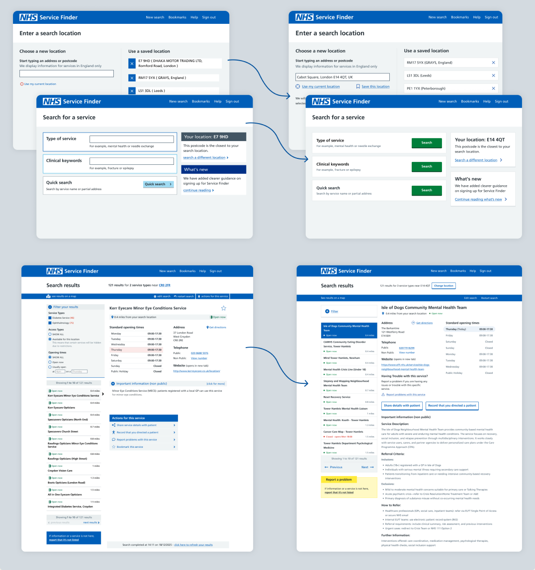 Before and after of the NHS Service Finder search location and search for a service screens, showing redesigned actions, labels, and hierarchy